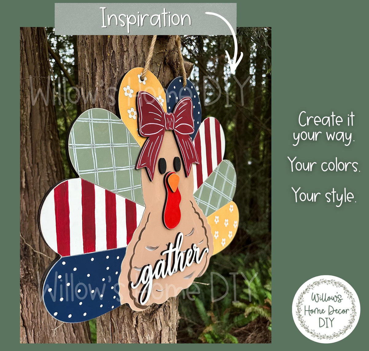 Turkey Door Hanger, DIY Gather Wood Sign, Unfinished Wood Blank Ready to Paint, Fall Thanksgiving Porch Decor, Patchwork Feather Cutout