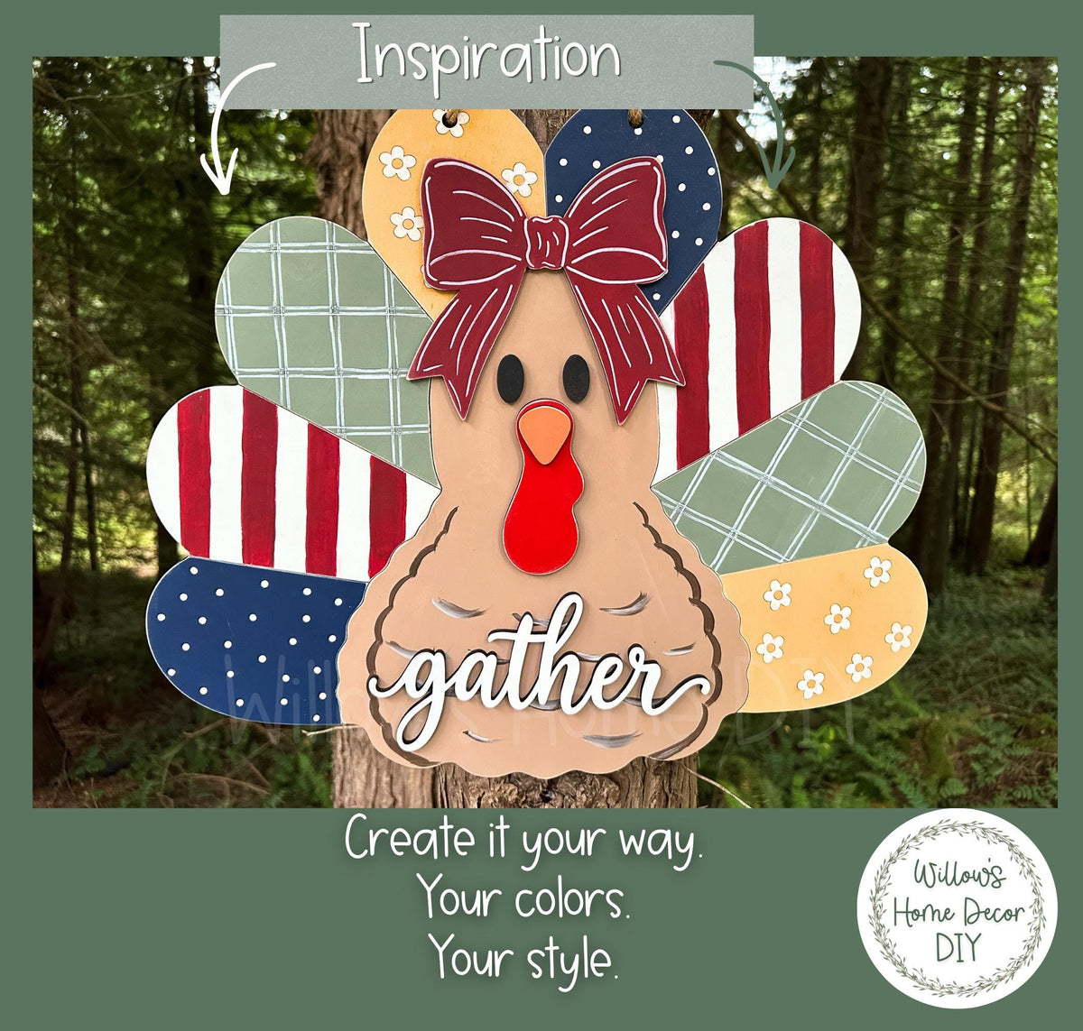 Turkey Door Hanger, DIY Gather Wood Sign, Unfinished Wood Blank Ready to Paint, Fall Thanksgiving Porch Decor, Patchwork Feather Cutout
