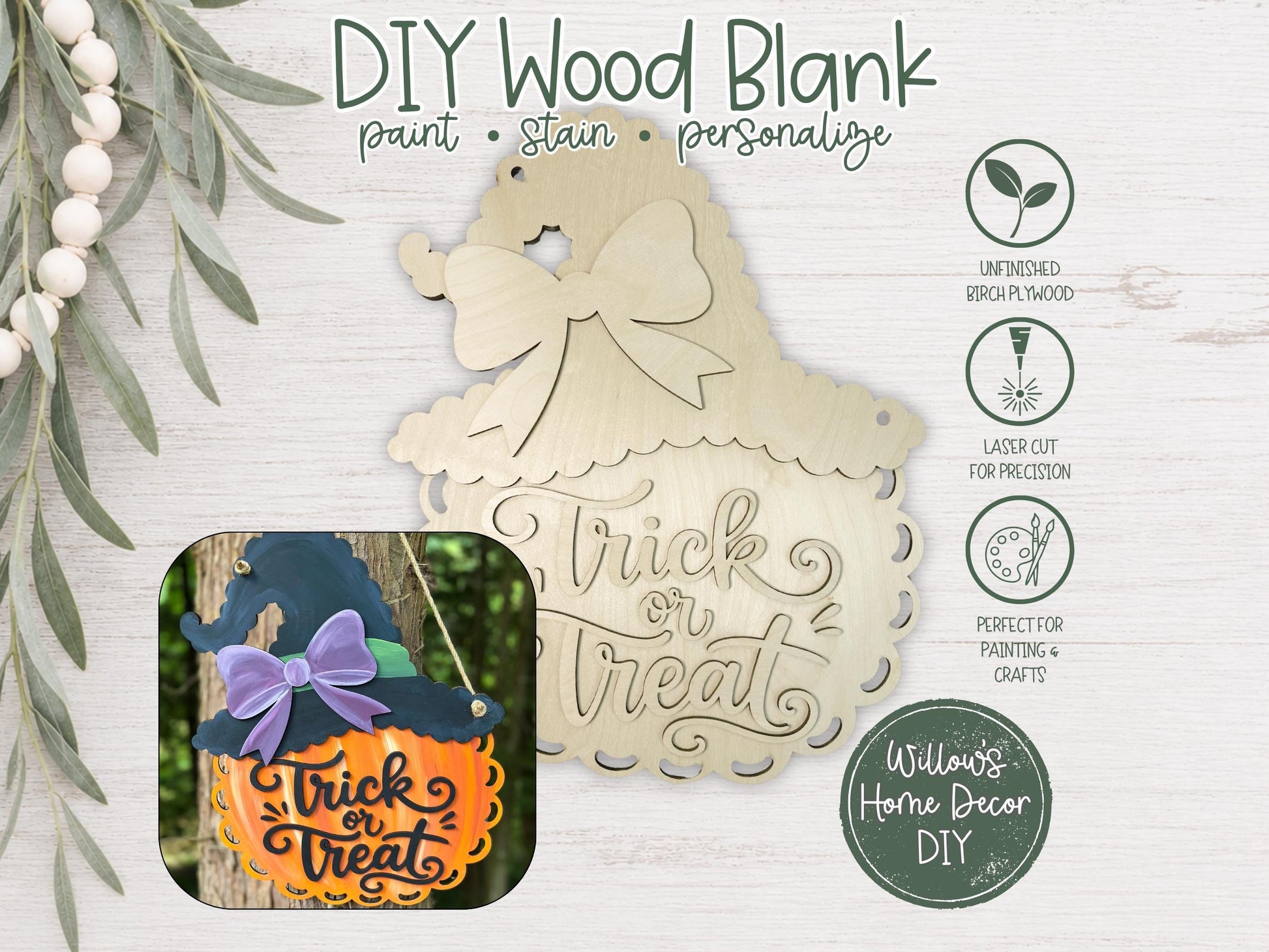 Pumpkin Witch Door Hanger DIY Kit, Trick or Treat Unfinished Halloween Wood Porch Sign Blank, Paint Your Own Fall Craft Kit