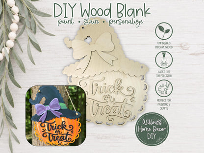 Pumpkin Witch Door Hanger DIY Kit, Trick or Treat Unfinished Halloween Wood Porch Sign Blank, Paint Your Own Fall Craft Kit