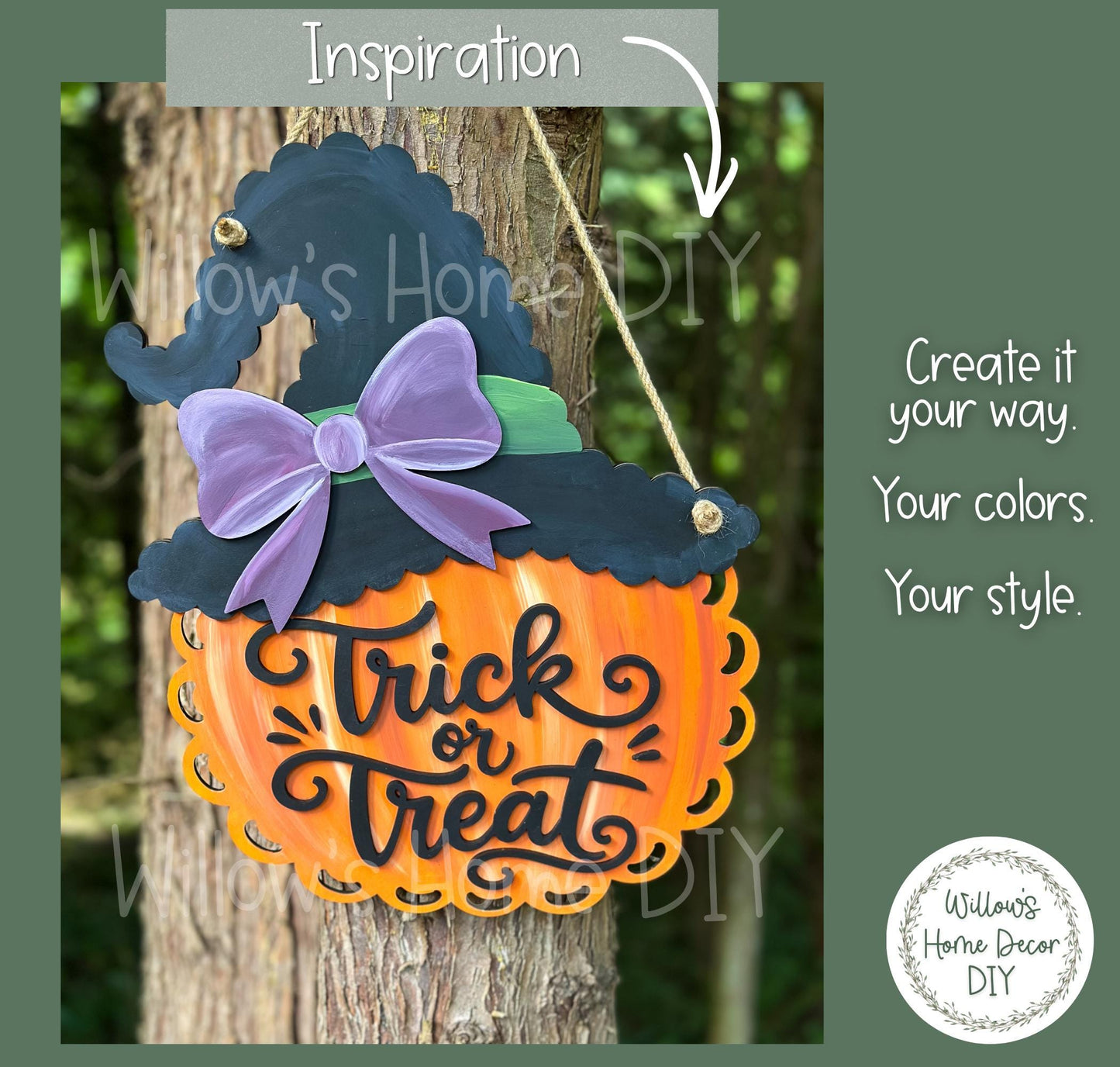 Pumpkin Witch Door Hanger DIY Kit, Trick or Treat Unfinished Halloween Wood Porch Sign Blank, Paint Your Own Fall Craft Kit