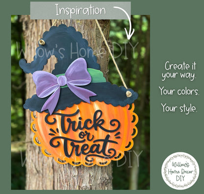 Pumpkin Witch Door Hanger DIY Kit, Trick or Treat Unfinished Halloween Wood Porch Sign Blank, Paint Your Own Fall Craft Kit