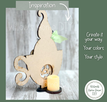 Ghost Pumpkin Teacup Wood Blank, Unfinished Halloween Shelf Sitter, DIY Paint Kit, Spooky Tiered Tray & Mantel Decor
