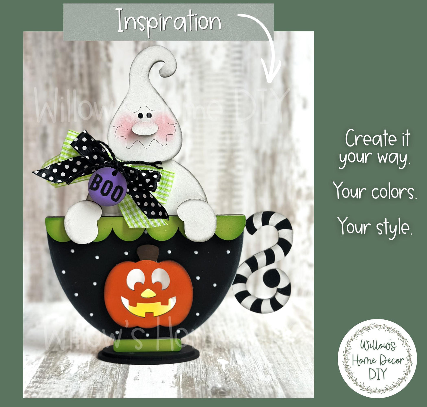 Ghost Pumpkin Teacup Wood Blank, Unfinished Halloween Shelf Sitter, DIY Paint Kit, Spooky Tiered Tray & Mantel Decor