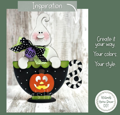 Ghost Pumpkin Teacup Wood Blank, Unfinished Halloween Shelf Sitter, DIY Paint Kit, Spooky Tiered Tray & Mantel Decor