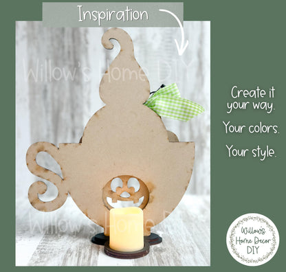 Ghost Pumpkin Teacup Wood Blank, Unfinished Halloween Shelf Sitter, DIY Paint Kit, Spooky Tiered Tray & Mantel Decor
