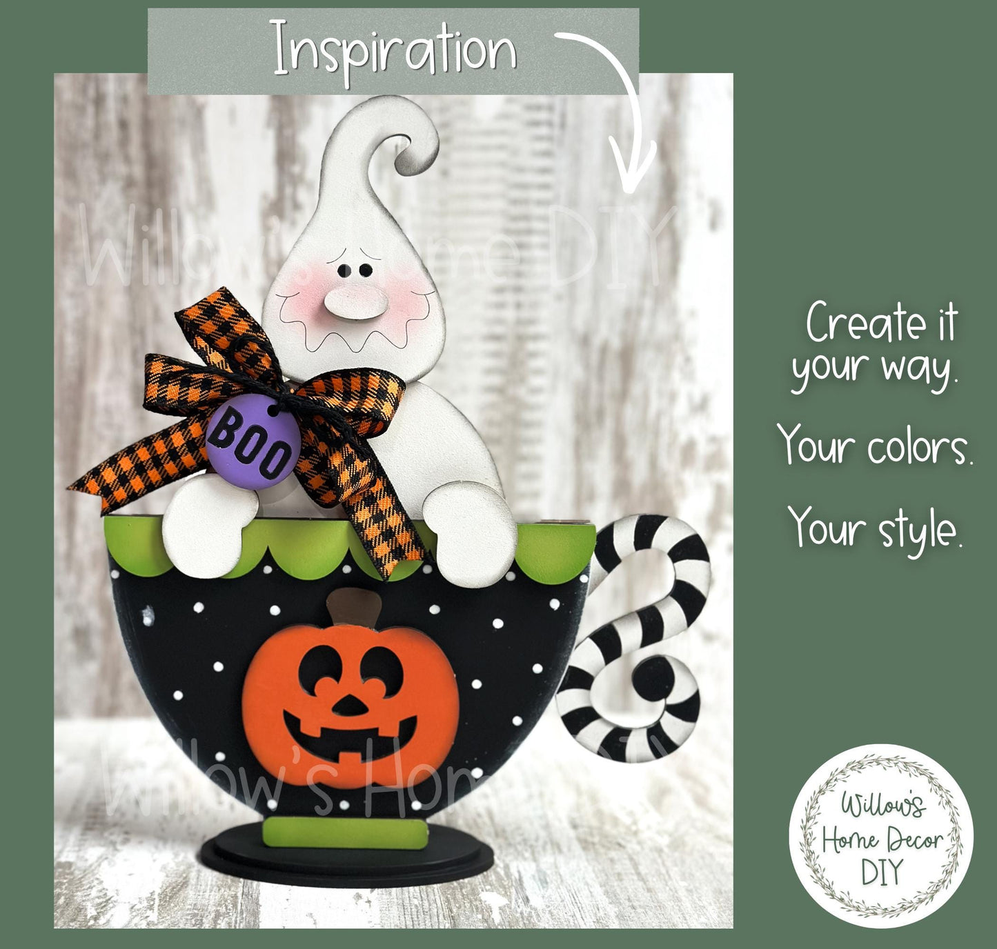 Ghost Pumpkin Teacup Wood Blank, Unfinished Halloween Shelf Sitter, DIY Paint Kit, Spooky Tiered Tray & Mantel Decor