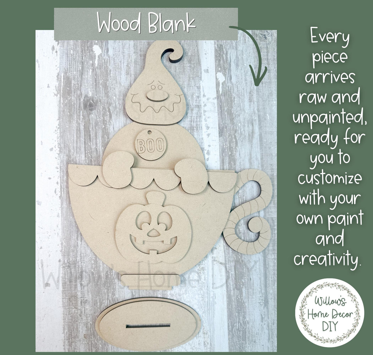 Ghost Pumpkin Teacup Wood Blank, Unfinished Halloween Shelf Sitter, DIY Paint Kit, Spooky Tiered Tray & Mantel Decor