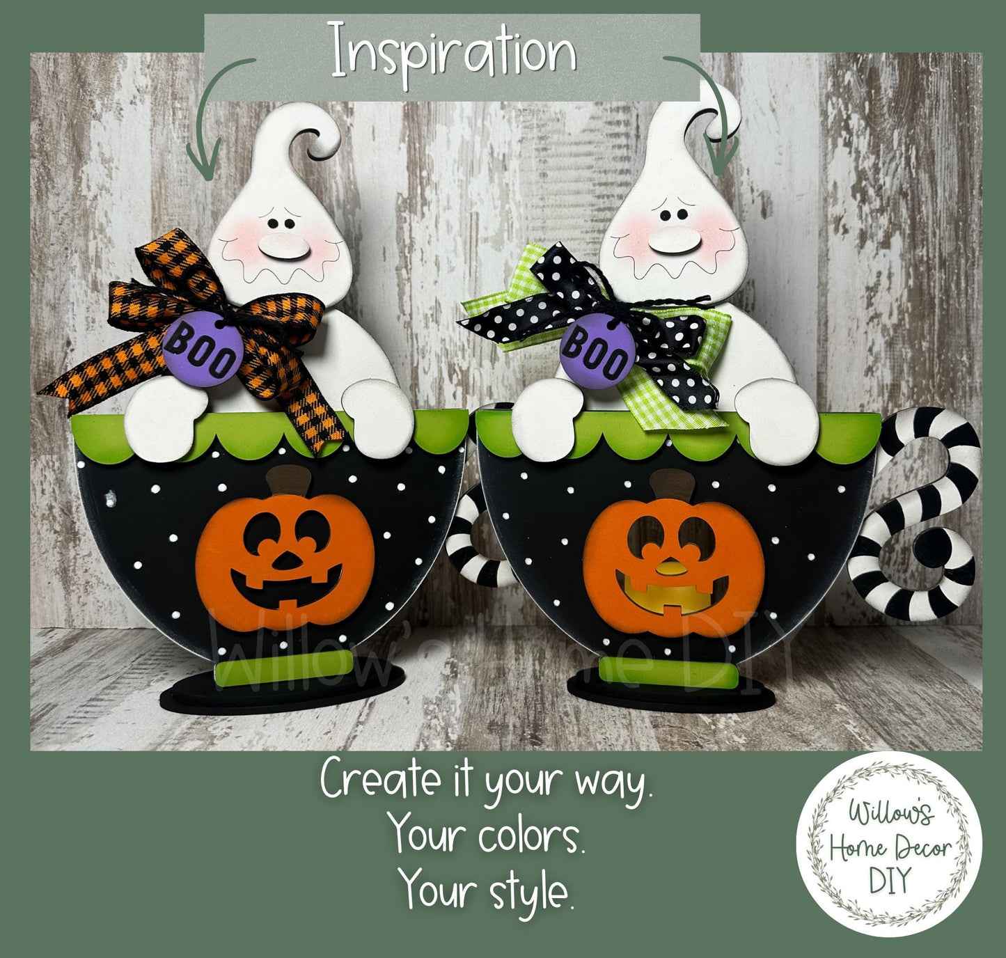 Ghost Pumpkin Teacup Wood Blank, Unfinished Halloween Shelf Sitter, DIY Paint Kit, Spooky Tiered Tray & Mantel Decor
