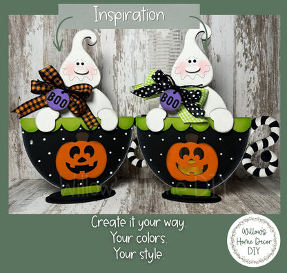 Ghost Pumpkin Teacup Wood Blank, Unfinished Halloween Shelf Sitter, DIY Paint Kit, Spooky Tiered Tray & Mantel Decor
