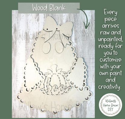 Halloween Ghost Door Hanger DIY Kit, Unfinished Wood Porch Sign Blank, Lace Bow Paint Your Own Fall Craft, Farmhouse Front Door Decor