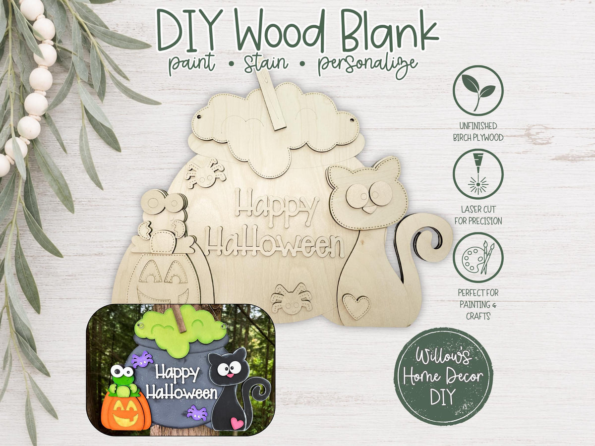 Black Cat Cauldron Door Hanger, DIY Halloween Wood Sign Blank, Paint Your Own Porch Decor Kit