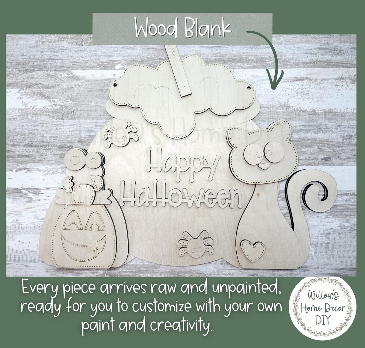 Black Cat Cauldron Door Hanger, DIY Halloween Wood Sign Blank, Paint Your Own Porch Decor Kit