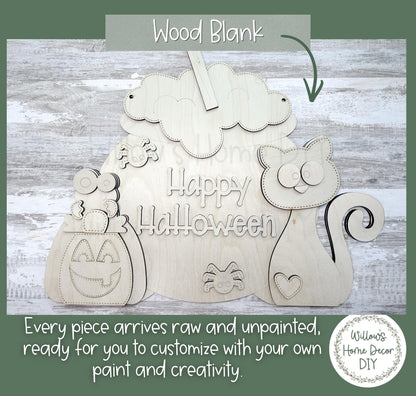 Black Cat Cauldron Door Hanger, DIY Halloween Wood Sign Blank, Paint Your Own Porch Decor Kit