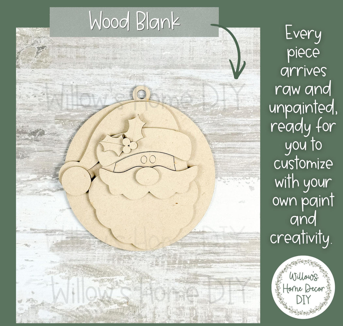 Santa Ornament Wood Blank, Unfinished DIY Christmas Craft, Paint Party Supply, Blank to paint wood cutout