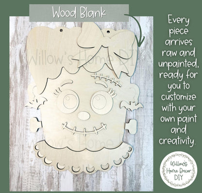 Frankenstein Girl Door Hanger DIY Kit, Halloween Unfinished Wood Sign Blank, Paint Your Own Porch Decor, Farmhouse Fall Front Door Sign