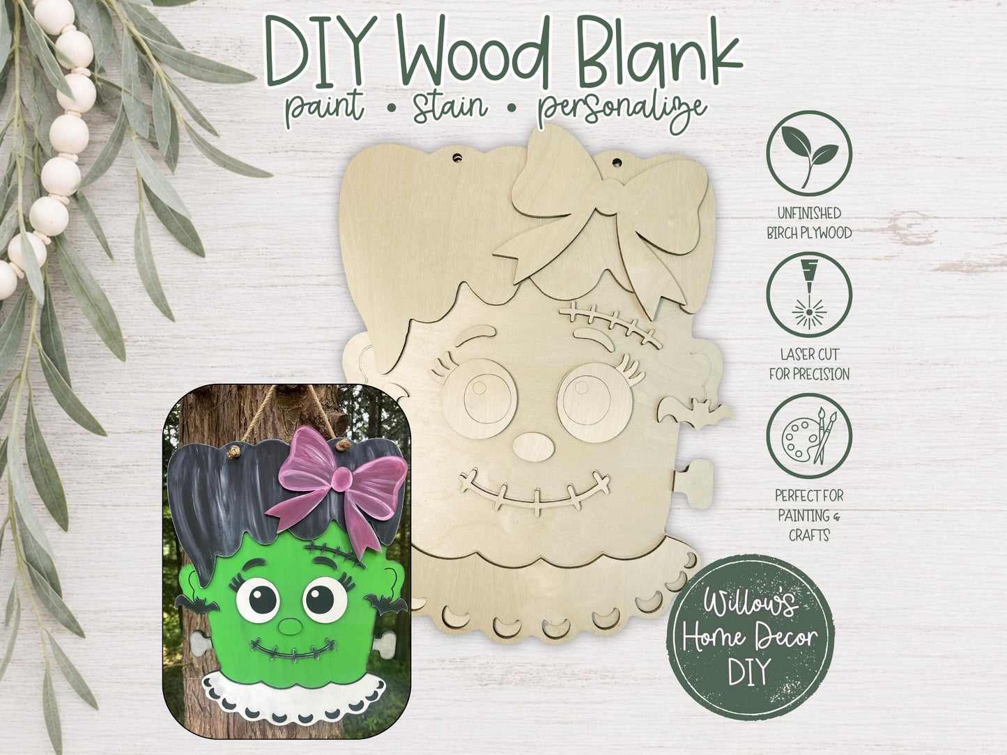 Frankenstein Girl Door Hanger DIY Kit, Halloween Unfinished Wood Sign Blank, Paint Your Own Porch Decor, Farmhouse Fall Front Door Sign