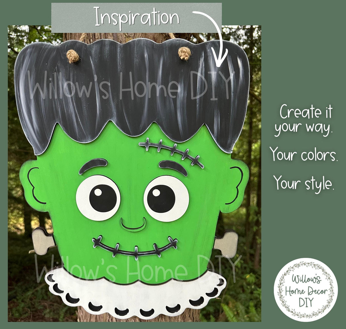 Frankenstein Door Hanger DIY Kit, Laser Cut Wood Blank, Paint Your Own Halloween Decor