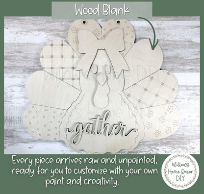 Turkey Door Hanger, DIY Gather Wood Sign, Unfinished Wood Blank Ready to Paint, Fall Thanksgiving Porch Decor, Patchwork Feather Cutout