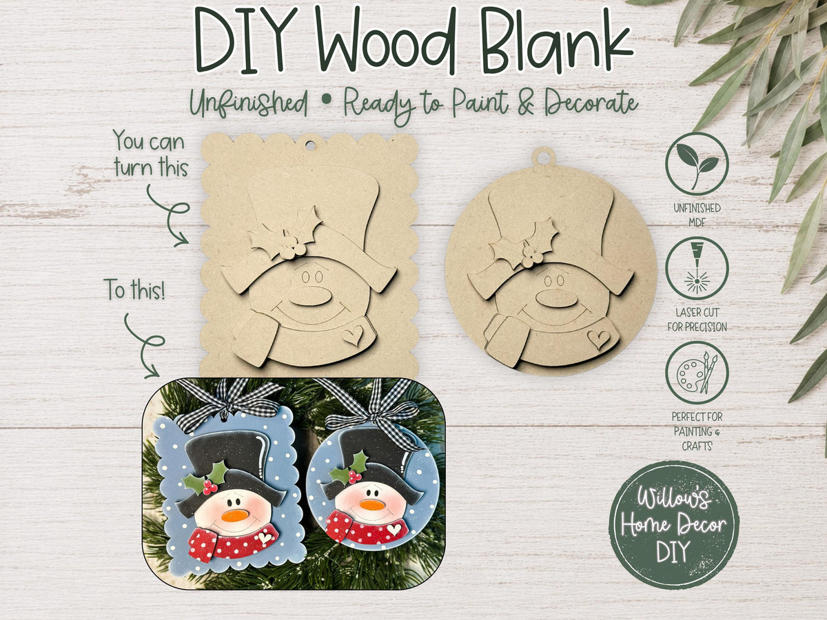 Snowman Ornament Wood Blank, Unfinished DIY Christmas Ornament to Paint, Scalloped or Round
