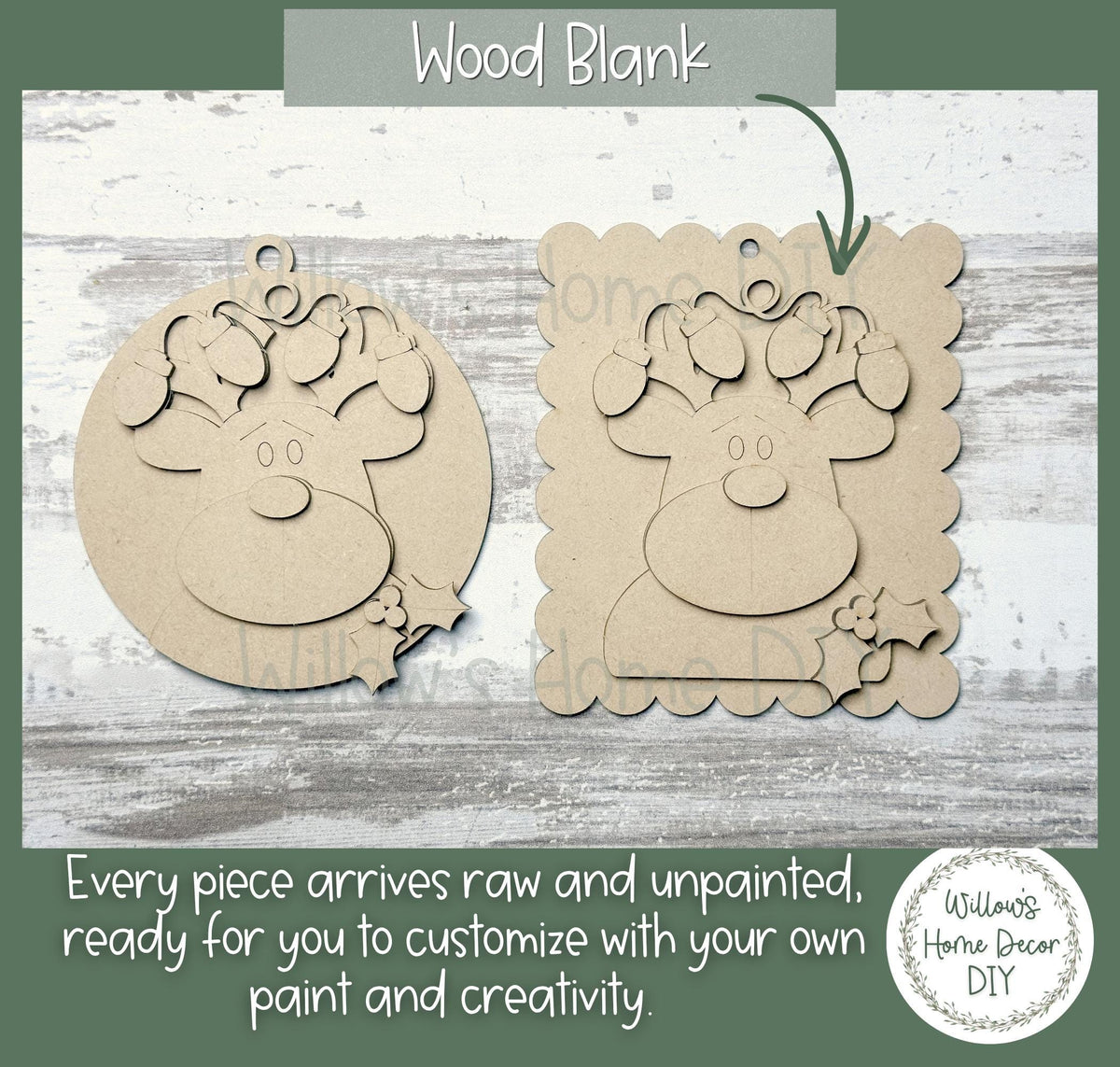 Reindeer Ornament Wood Blank to Paint, Unfinished DIY Christmas Ornament, Christmas Lights Antlers, Scalloped or Round