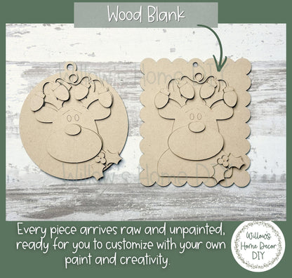 Reindeer Ornament Wood Blank to Paint, Unfinished DIY Christmas Ornament, Christmas Lights Antlers, Scalloped or Round