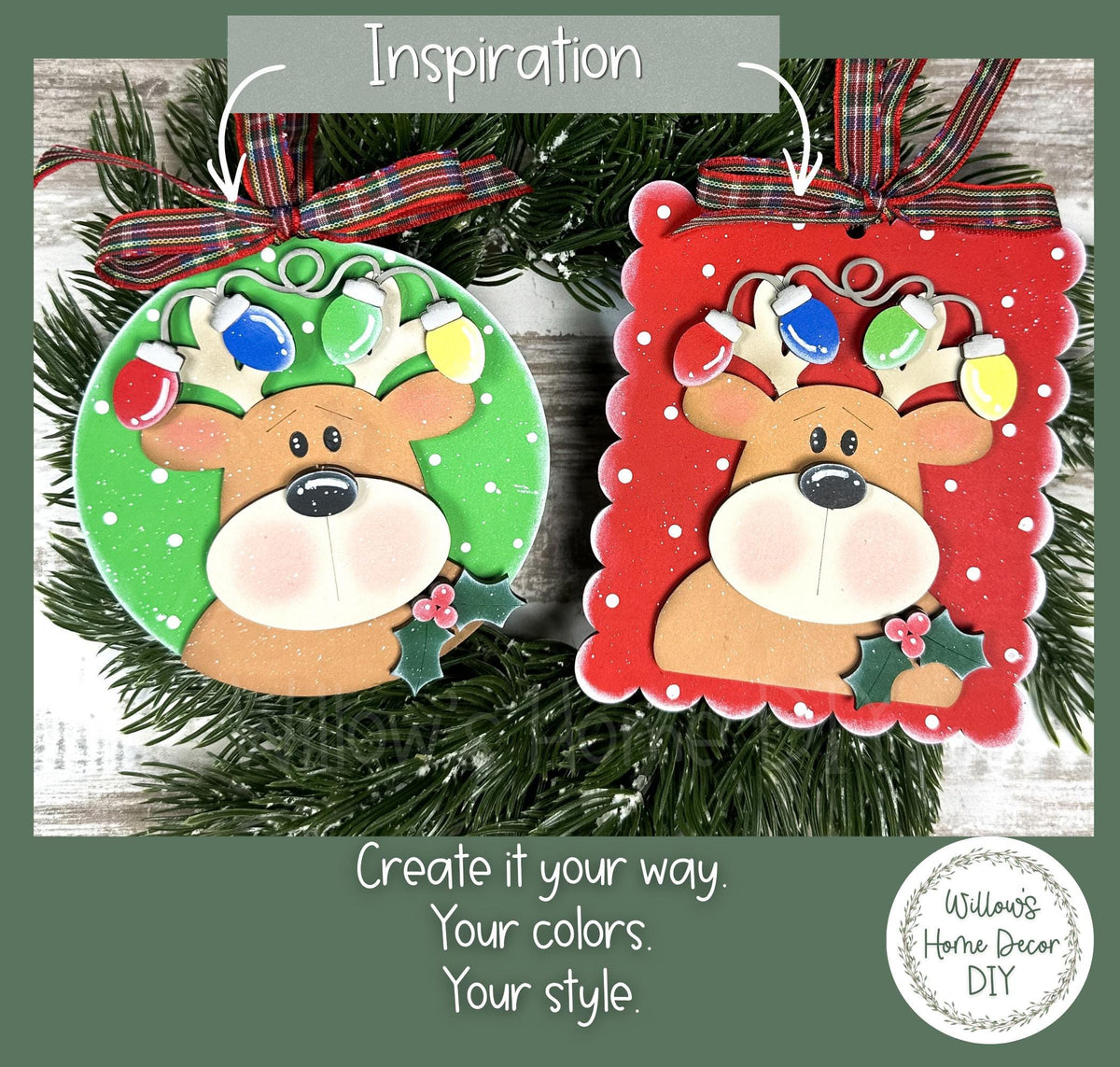 Reindeer Ornament Wood Blank to Paint, Unfinished DIY Christmas Ornament, Christmas Lights Antlers, Scalloped or Round