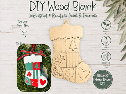 Christmas Stocking Ornament to Paint, Patchwork Wood Blank, Unfinished DIY Christmas Ornament