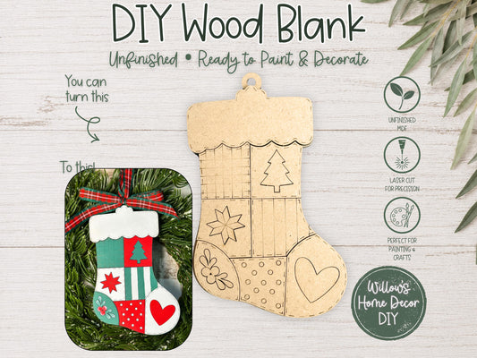 Christmas Stocking Ornament to Paint, Patchwork Wood Blank, Unfinished DIY Christmas Ornament