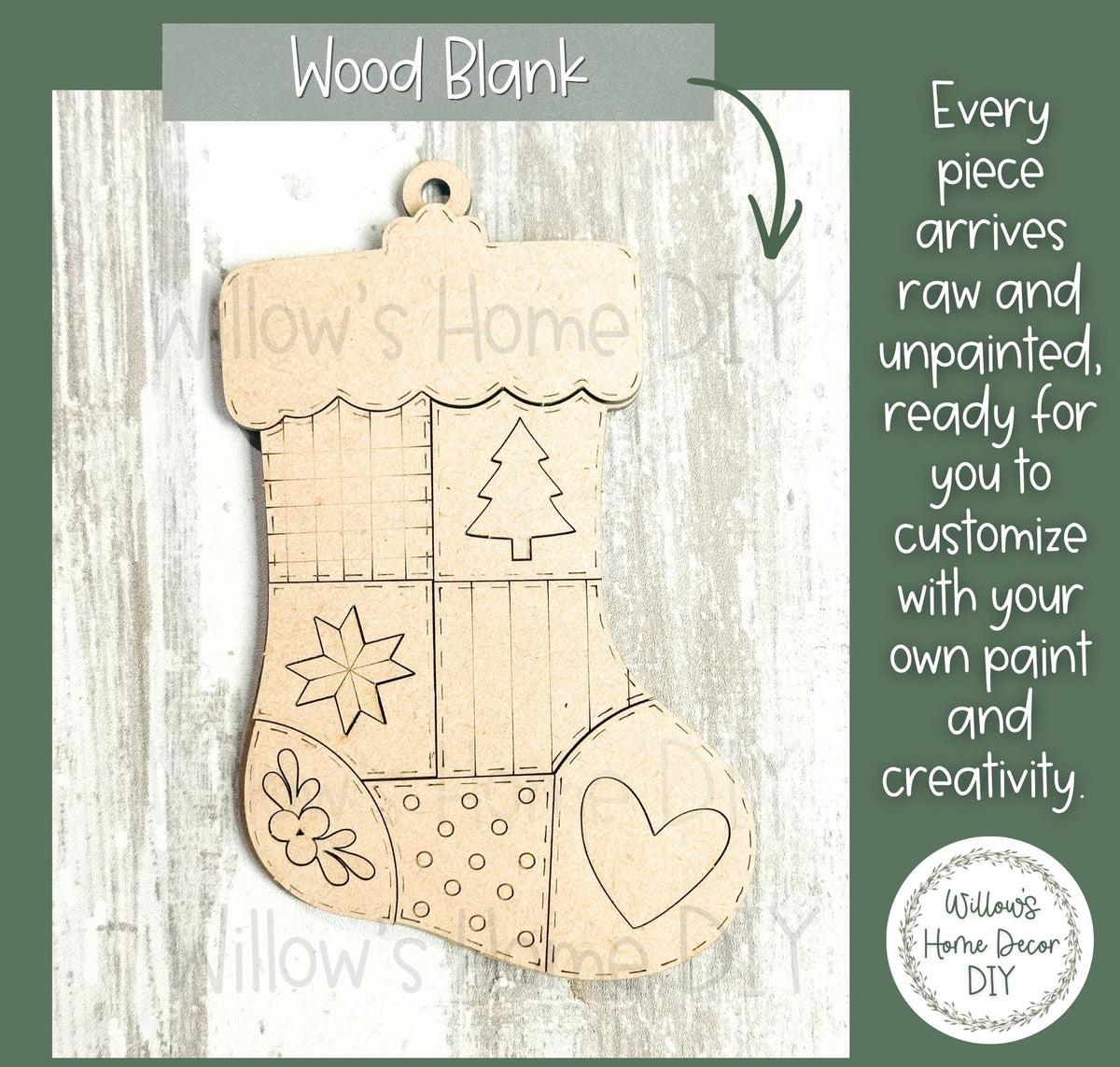 Christmas Stocking Ornament to Paint, Patchwork Wood Blank, Unfinished DIY Christmas Ornament