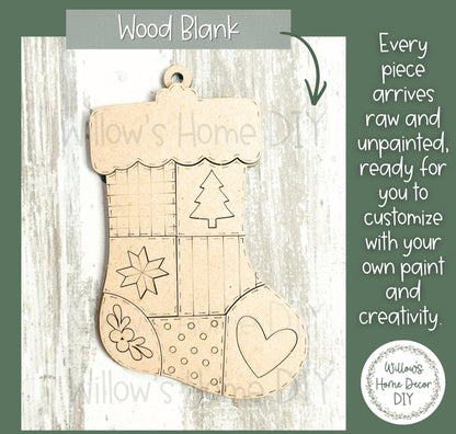 Christmas Stocking Ornament to Paint, Patchwork Wood Blank, Unfinished DIY Christmas Ornament