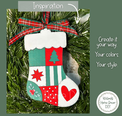 Christmas Stocking Ornament to Paint, Patchwork Wood Blank, Unfinished DIY Christmas Ornament