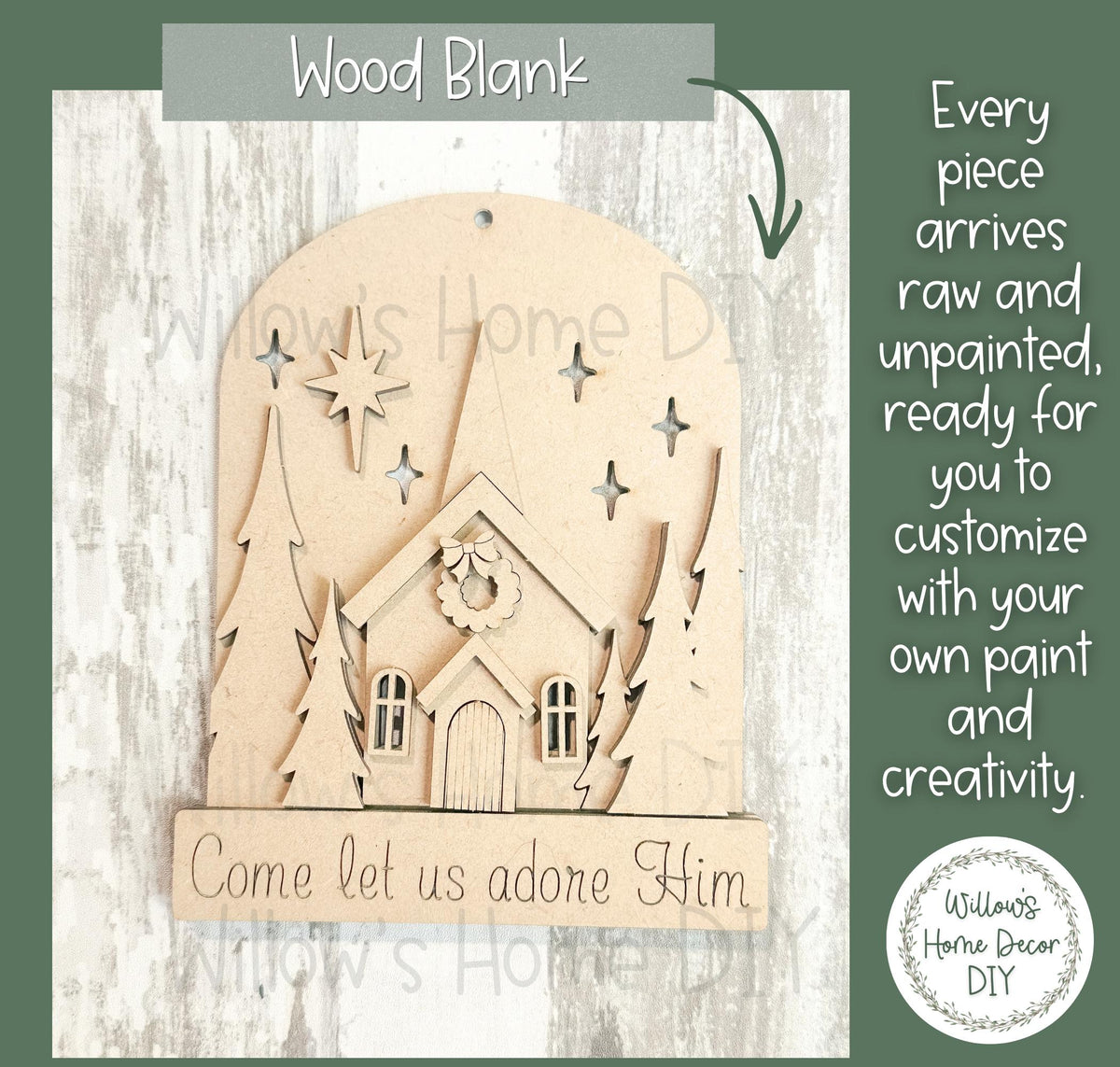 Come Let Us Adore Him Church Ornament, Unfinished Wood Blank to Paint, Christian DIY Christmas Craft