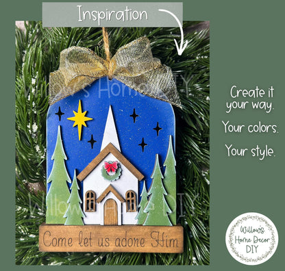 Come Let Us Adore Him Church Ornament, Unfinished Wood Blank to Paint, Christian DIY Christmas Craft