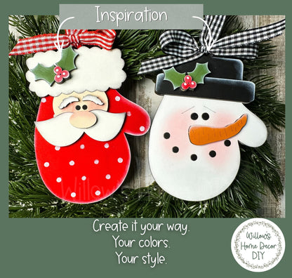 Christmas Mitten Ornament to Paint, Santa and Snowman Wood Blank, Unfinished DIY Holiday Craft