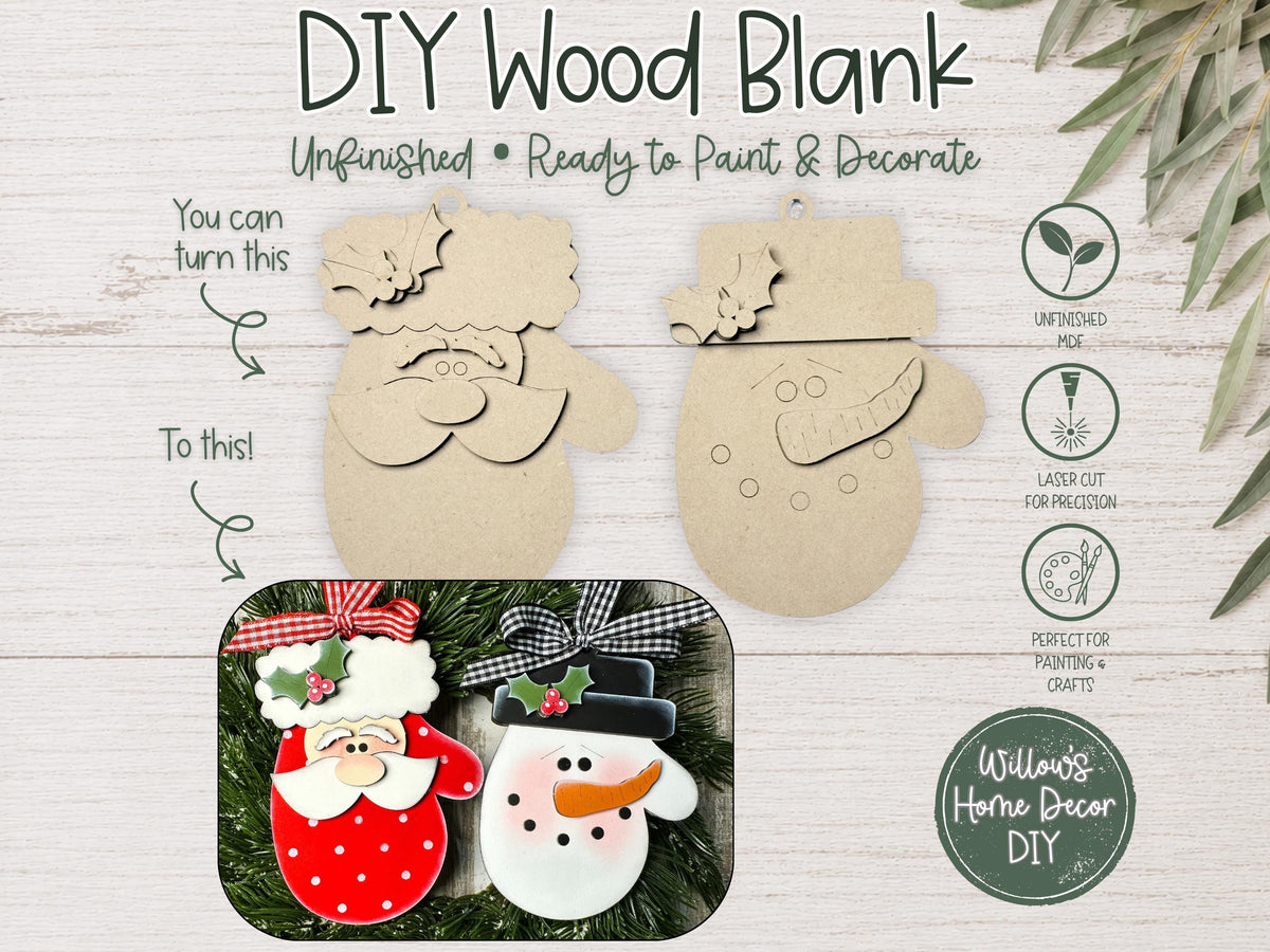 Christmas Mitten Ornament to Paint, Santa and Snowman Wood Blank, Unfinished DIY Holiday Craft