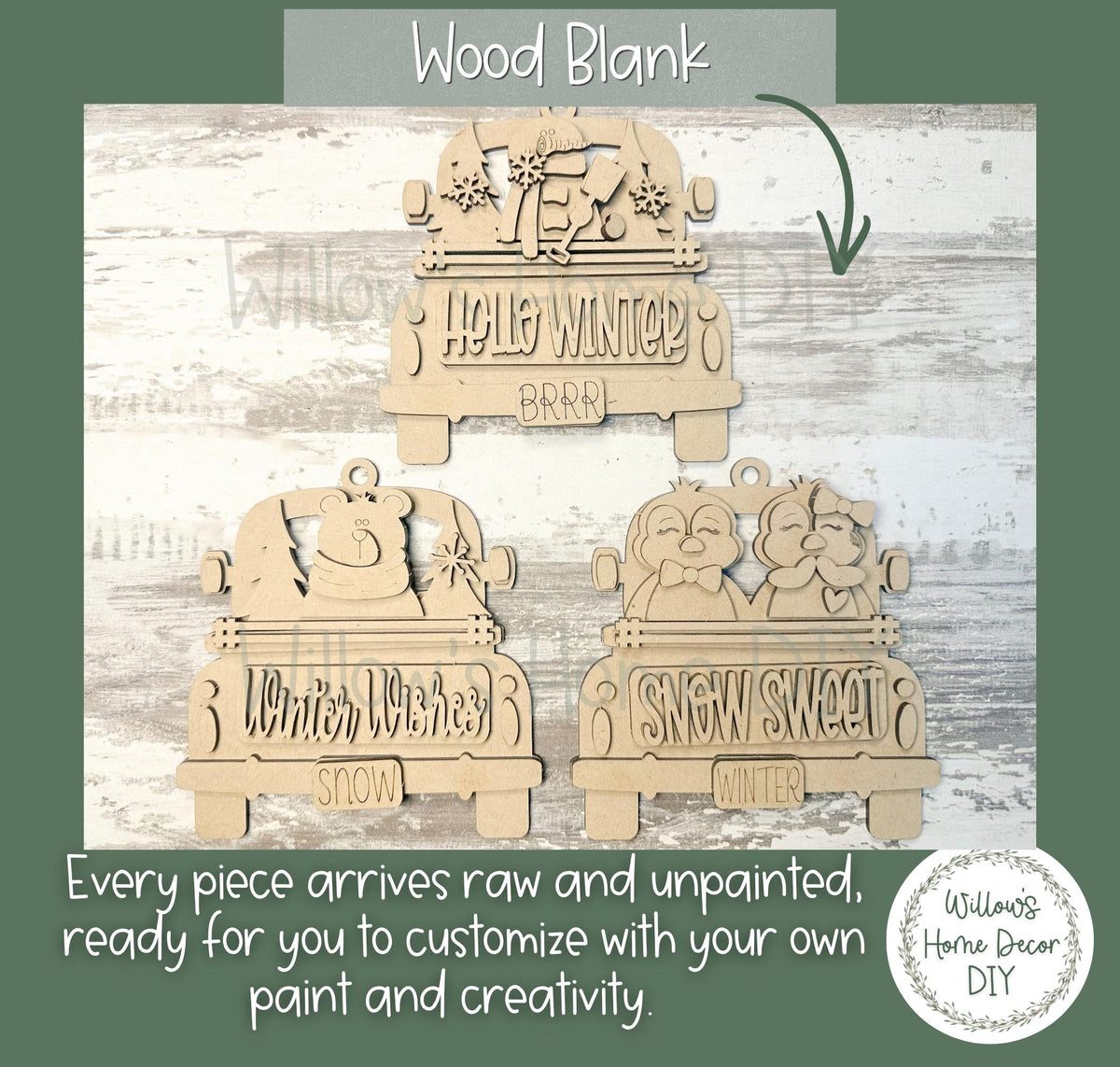 Winter Truck Ornaments, Wood Blank, Unfinished DIY Holiday Craft