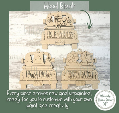 Winter Truck Ornaments, Wood Blank, Unfinished DIY Holiday Craft