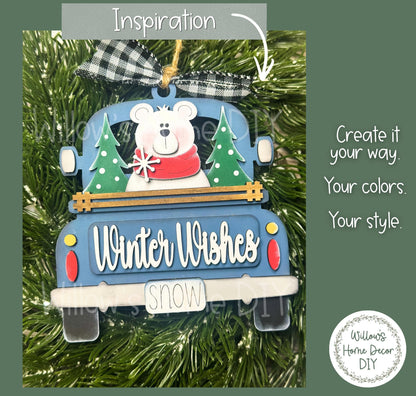 Winter Truck Ornaments, Wood Blank, Unfinished DIY Holiday Craft