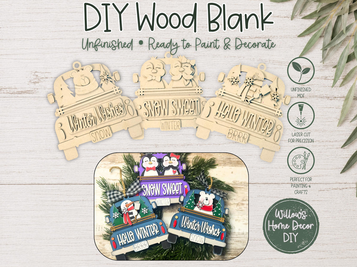 Winter Truck Ornaments, Wood Blank, Unfinished DIY Holiday Craft