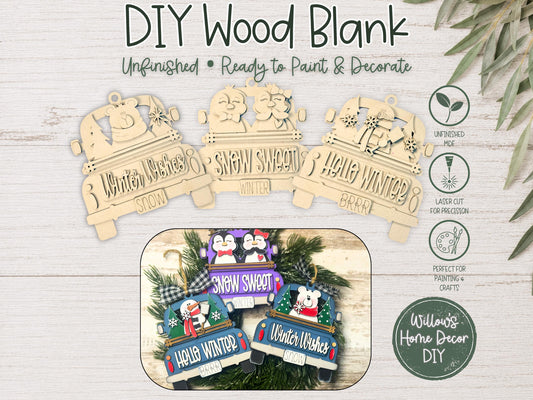 Winter Truck Ornaments, Wood Blank, Unfinished DIY Holiday Craft