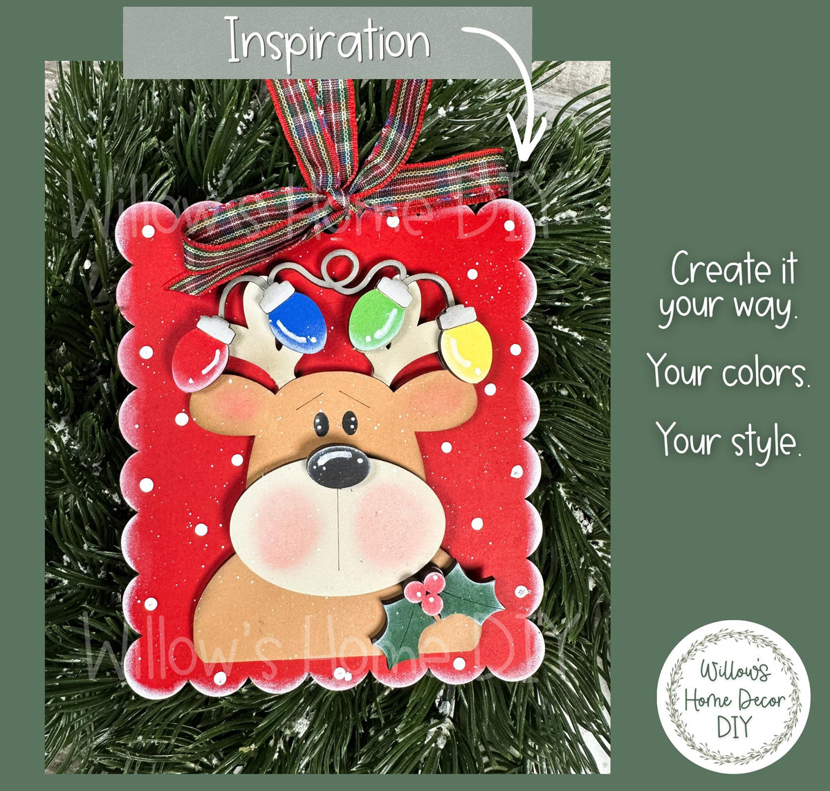 Reindeer Ornament Wood Blank to Paint, Unfinished DIY Christmas Ornament, Christmas Lights Antlers, Scalloped or Round