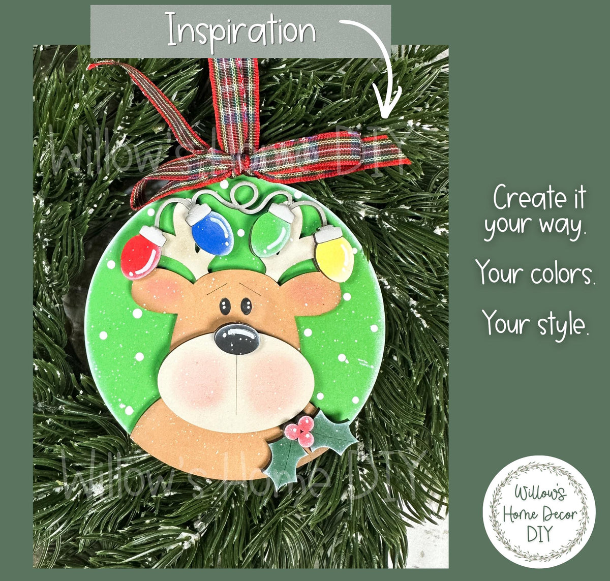 Reindeer Ornament Wood Blank to Paint, Unfinished DIY Christmas Ornament, Christmas Lights Antlers, Scalloped or Round
