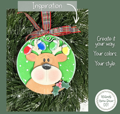 Reindeer Ornament Wood Blank to Paint, Unfinished DIY Christmas Ornament, Christmas Lights Antlers, Scalloped or Round