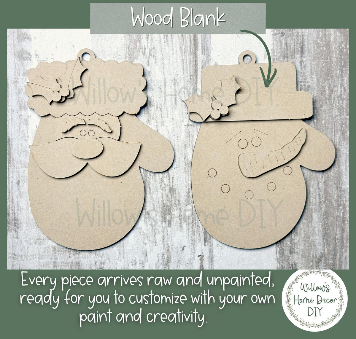 Christmas Mitten Ornament to Paint, Santa and Snowman Wood Blank, Unfinished DIY Holiday Craft