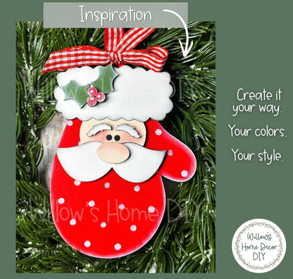 Christmas Mitten Ornament to Paint, Santa and Snowman Wood Blank, Unfinished DIY Holiday Craft
