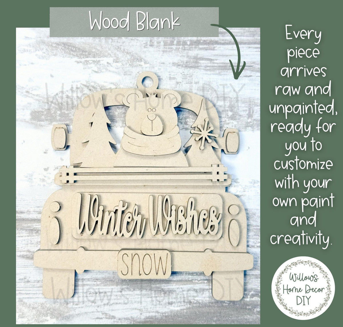 Winter Truck Ornaments, Wood Blank, Unfinished DIY Holiday Craft