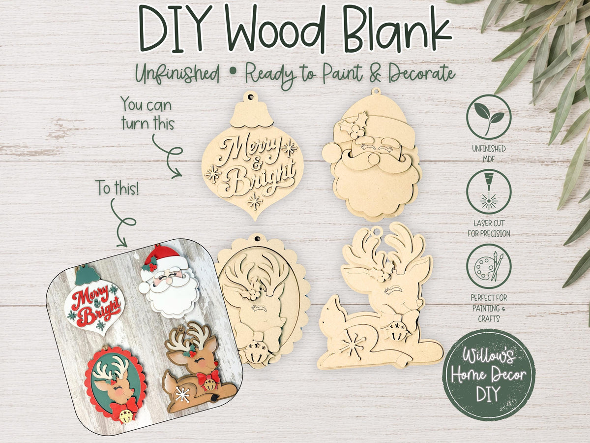 Retro Christmas Ornament Blanks, Unfinished Wood Paint Your Own, Santa and Reindeer
