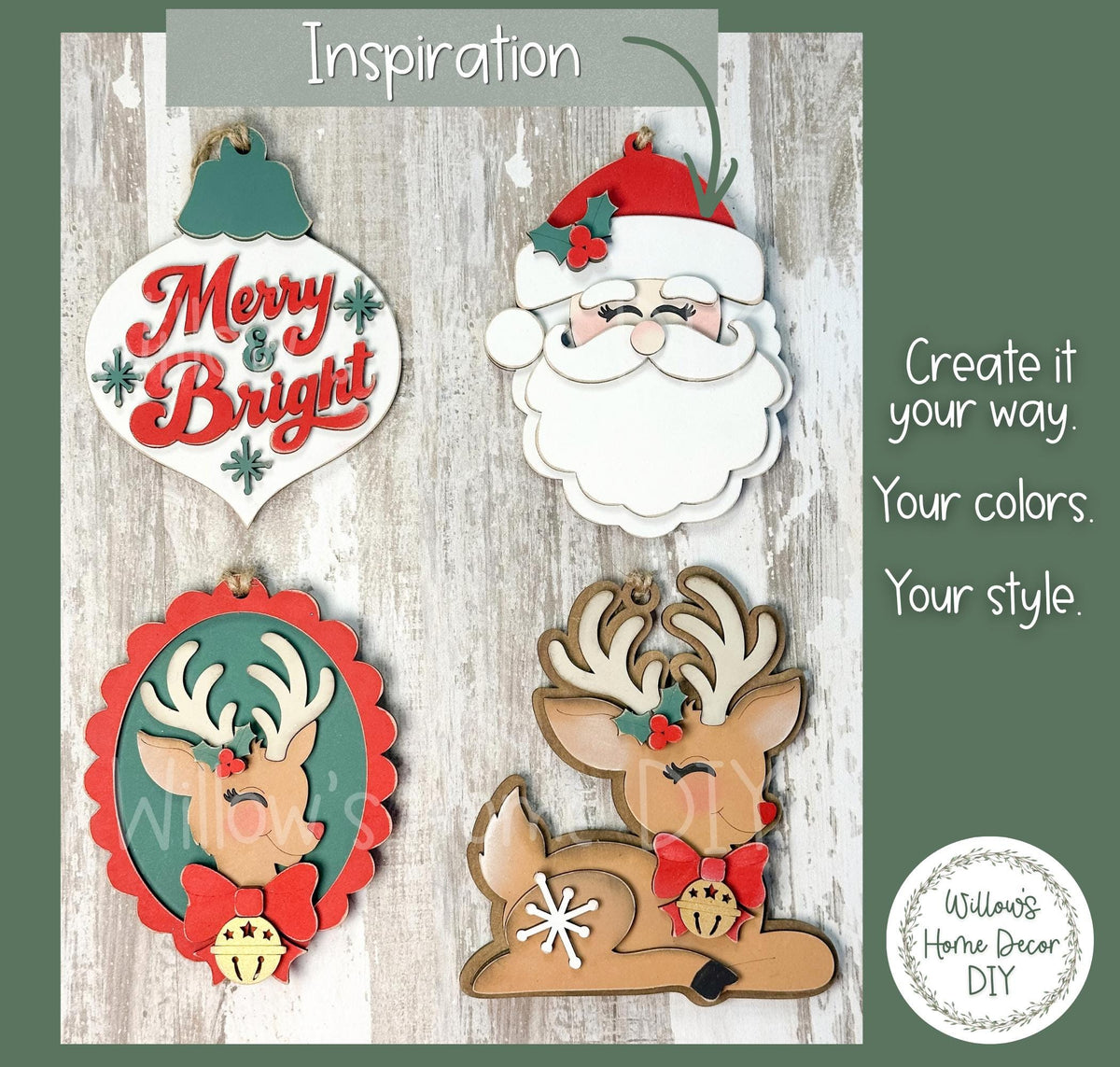 Retro Christmas Ornament Blanks, Unfinished Wood Paint Your Own, Santa and Reindeer