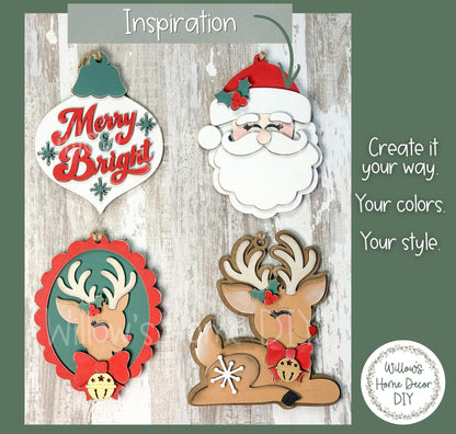 Retro Christmas Ornament Blanks, Unfinished Wood Paint Your Own, Santa and Reindeer